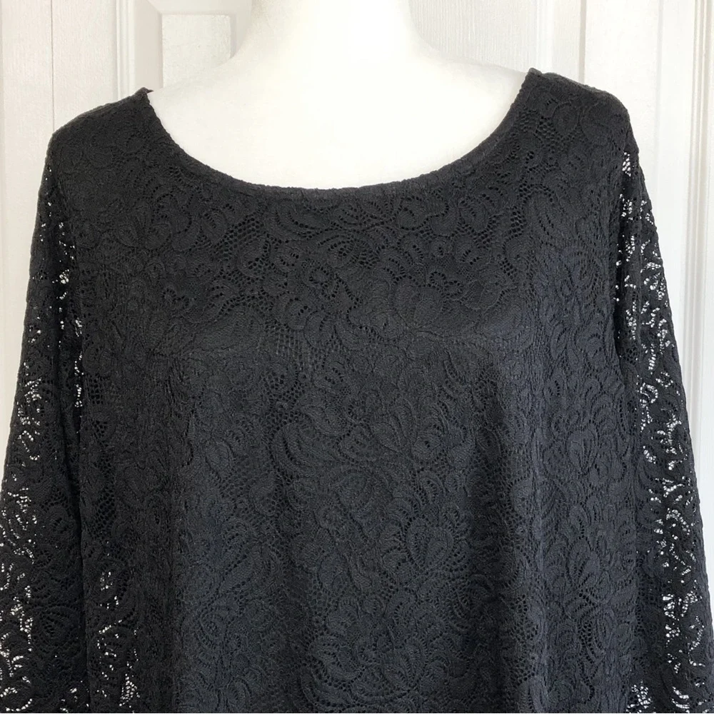 Roaman's Elegant Black Lace Sheer 3/4 Sleeve Scalloped Blouse Top 18/20
